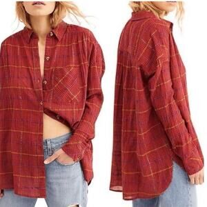 Free People Break My Stride Button Down Plaid Shirt Oversized Slouchy XS NWT New